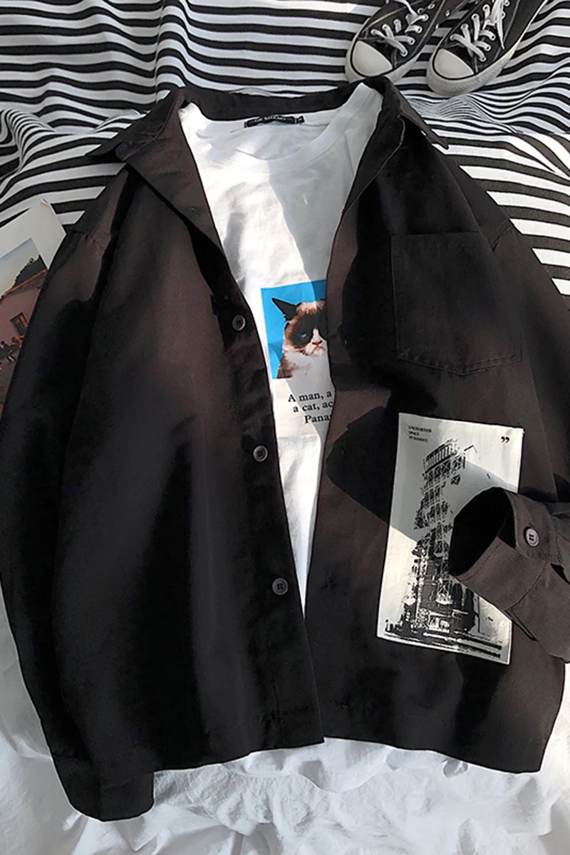 

2020 Spring And Autumn New Youth Popular Personality Label Lapel Long Sleeve Shirt Fashion Casual Loose Jacket Coat Black M-5XL