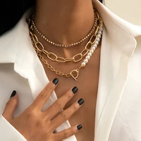 layered necklace for women gold color imitation pearl punk link chain on neck crystal choker necklace fashion bohemia jewelry