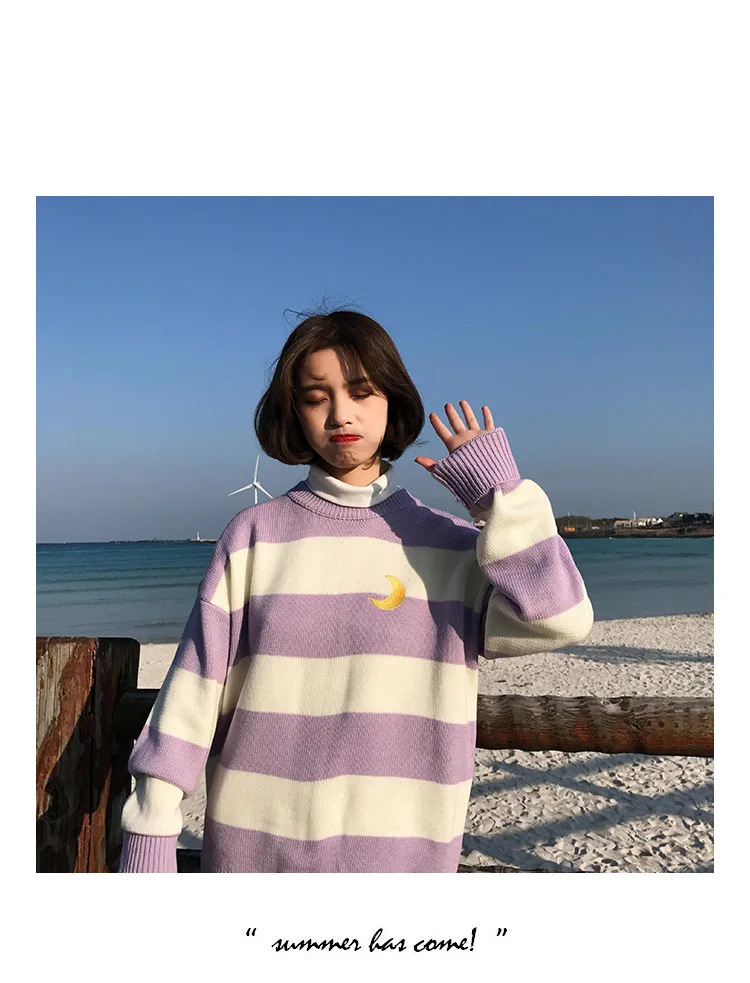 Женские свитера Kawaii Ulzzang в студенческом стиле, популярная цветная полоска, свитер с Луной, Женская Корейская одежда Harajuku, плотная повседневная одежда