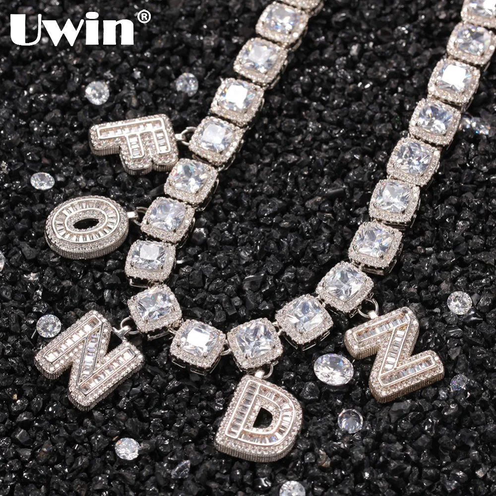 UWIN Custom Name Necklace for Women Initial Letters with 10mm Cluster CZ Stones Tennis Chain Choker Fashion DIY Jewelry for Gift
