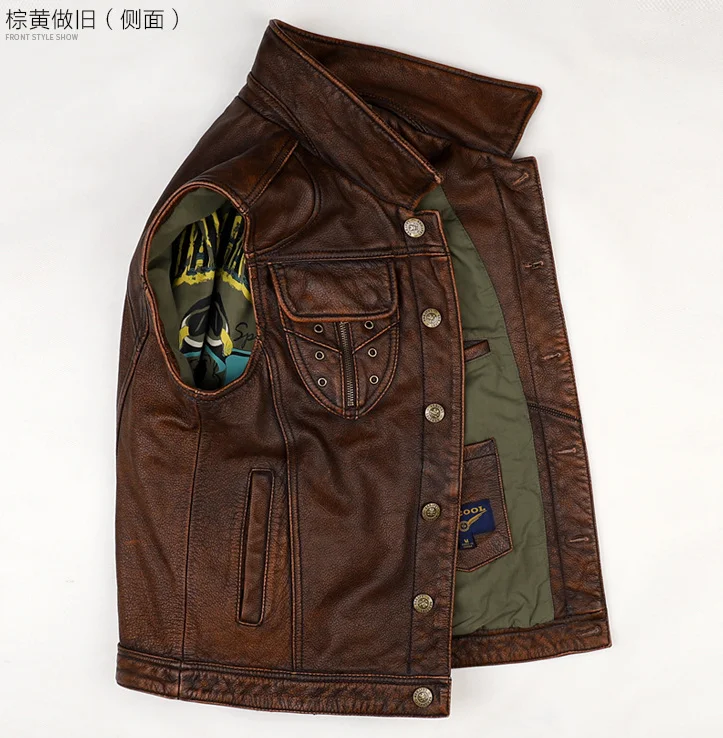 Мотоциклетный Байкерский клубный кожаный жилет Винтажный Мужской в стиле панк