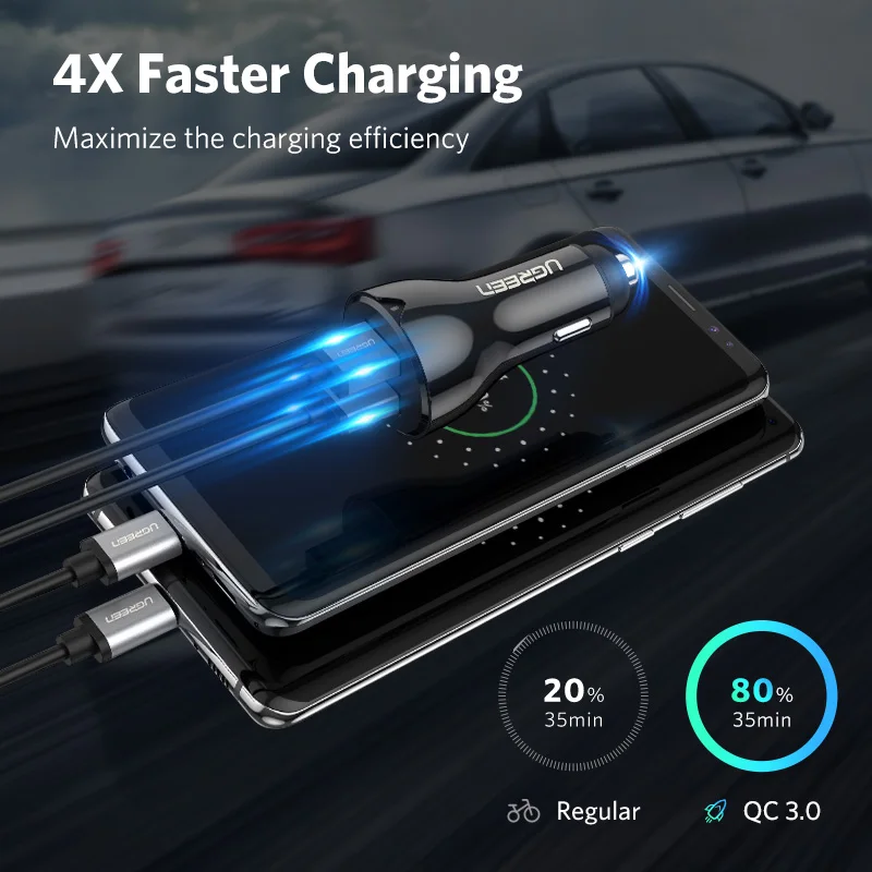 Ugreen 36 W автомобиля USB Зарядное устройство двойной Быстрый 3,0 заряда для iPhone Xiaomi huawei USB быстро Зарядное устройство для samsung S9 S8 автомобильный телефон Зарядное устройство