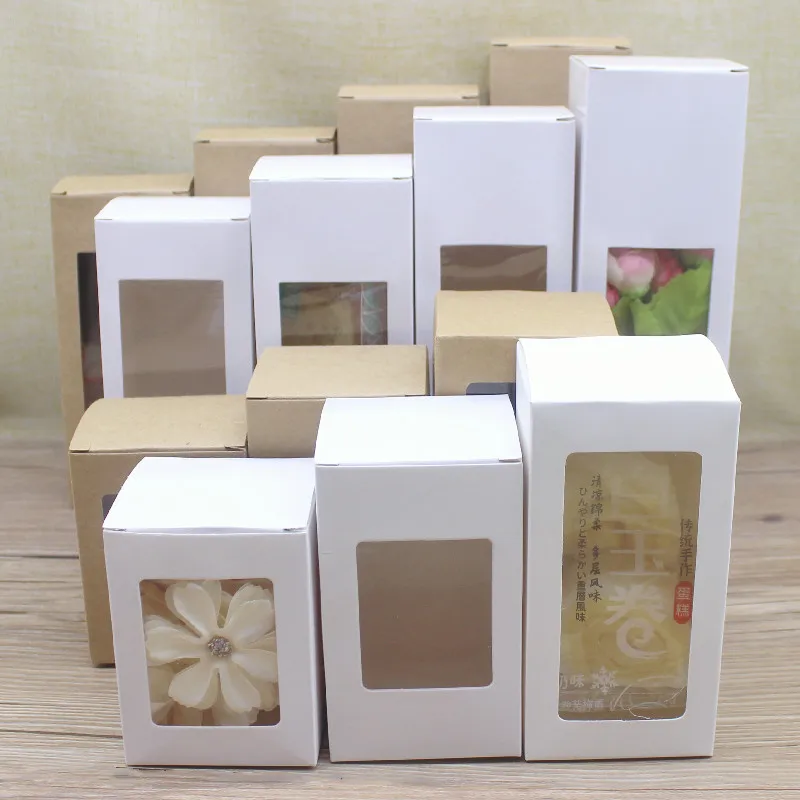 Caja de papel Kraft con ventana de Pvc para embalaje de juguetes, jabones, galletas, regalo, bricolaje, tama&ntilde;o m&uacute;ltiple de 50 piezas-0