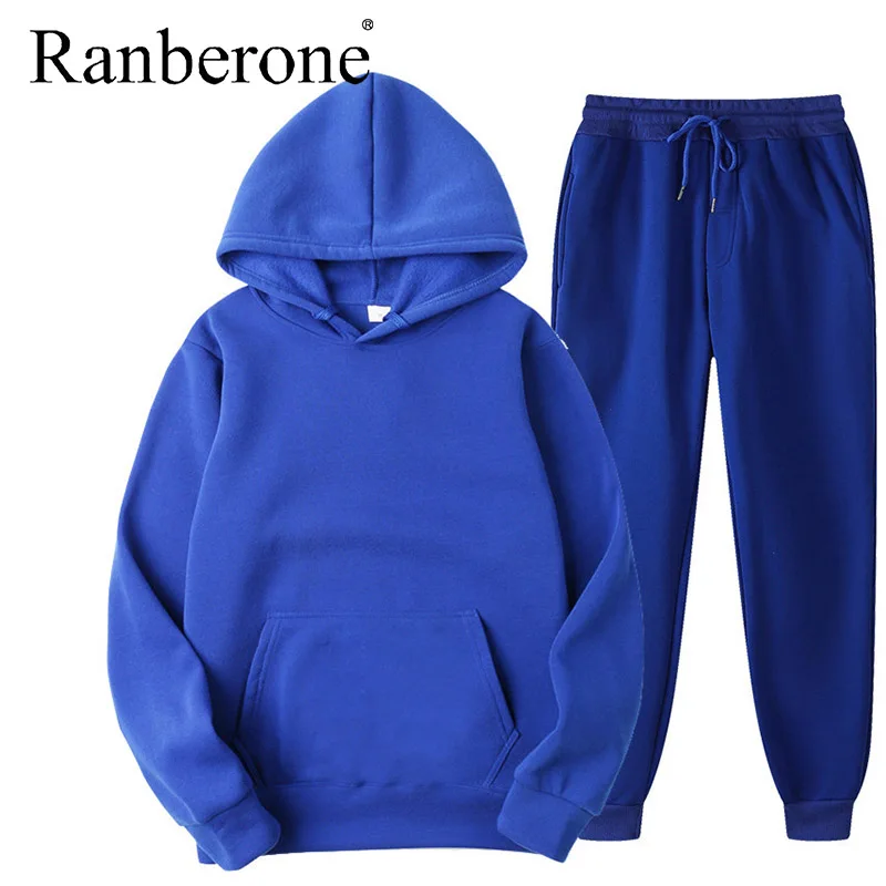 Ranberone 2 Pcs Sport Suit Fitness Solid Color Women's Tracksuits Hooded Pullover Sweatshirt Casual Pants Sets Sportswear Male
