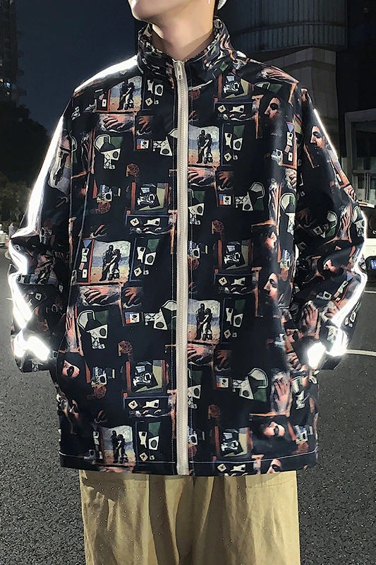 

Hong Kong Style Ins Stand Collar Printed Coat Men's Autumn and Winter Trends Loose Top Fashion Brand Versatile Casual Jacket