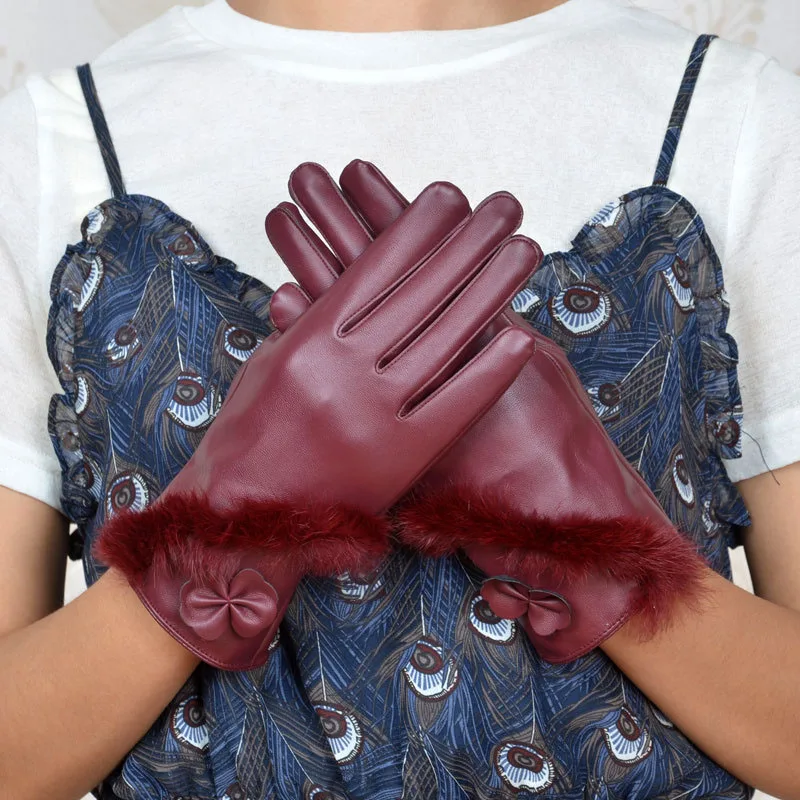 Женские зимние перчатки из искусственной кожи теплые с сенсорным экраном|pu leather