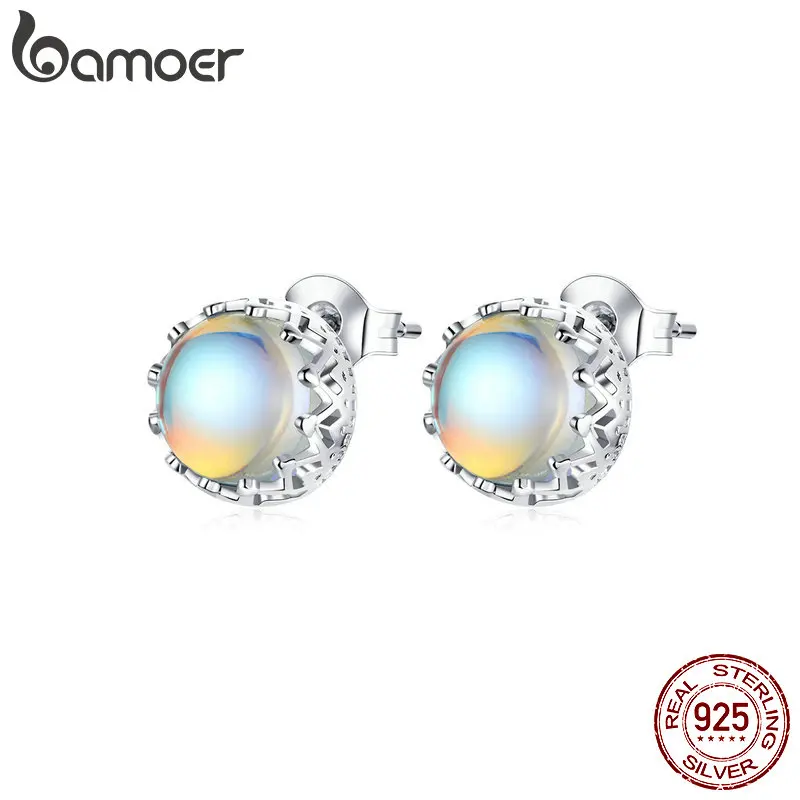 

Memnon 925 Sterling Silver Round Moon Stone Stud Earrings for Women Magic Crown Ear Stud Jewelry Brincos 2020 New SCE877