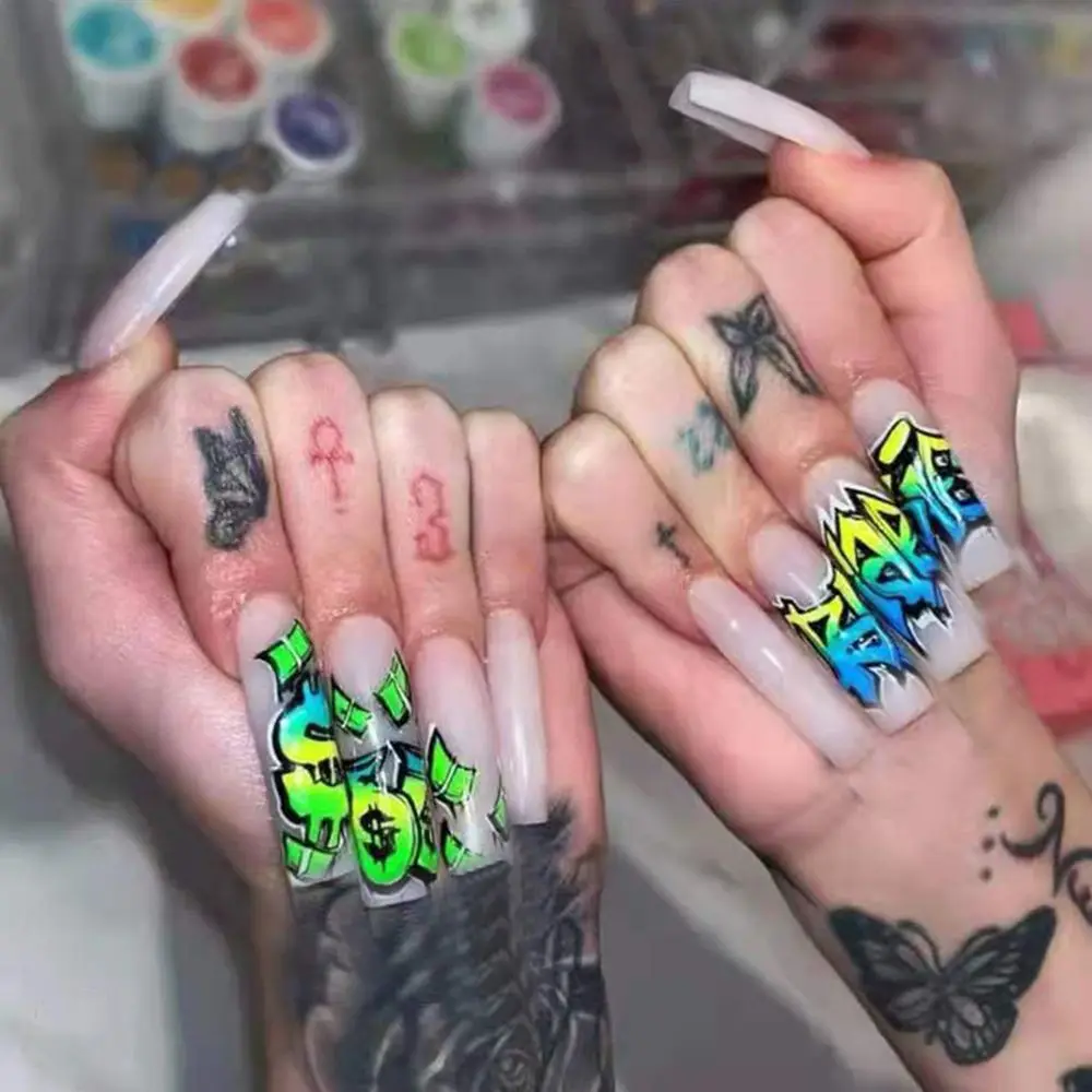 

24Pcs Long Ballerina False Nails Green exaggerated Artificial Coffin Fake Nails With Glue Full Cover Nail Tips Press On Nails