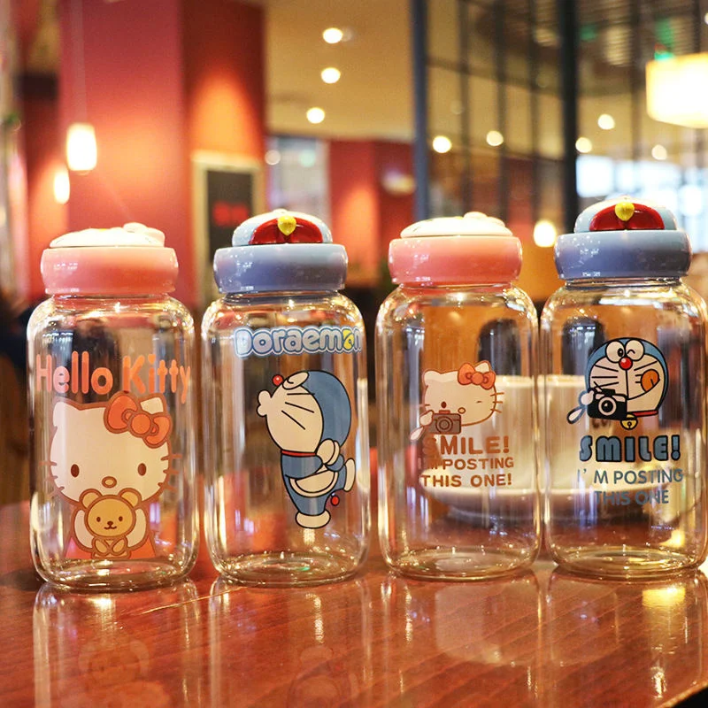 Botella de agua port&aacute;til para ni&ntilde;os y ni&ntilde;as, vaso de vidrio de Hello Cat doraemonado de dibujos animados Kawaii Kittyed de 600ml, para exteriores-0
