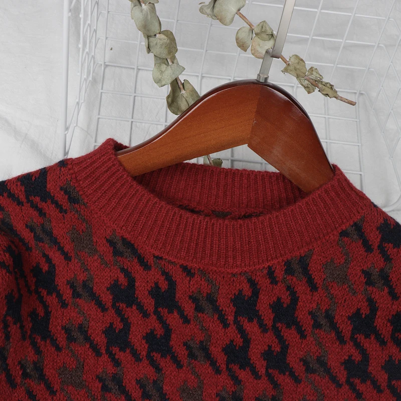 

Houndstooth Knit Sweater Patchwork Women Pullovers Simple Woman Sweaters Lantern Sleeve Coats Elegant Pullover Female Streetwear