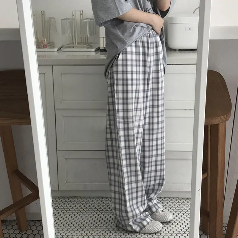 

QWEEK Anime Sleep Top and Plaid Bottom 2 Piece Pajamas Set Women Spring Summer 2021 Pyjamas Short Sleeve Pijamas Gray Sleepwear