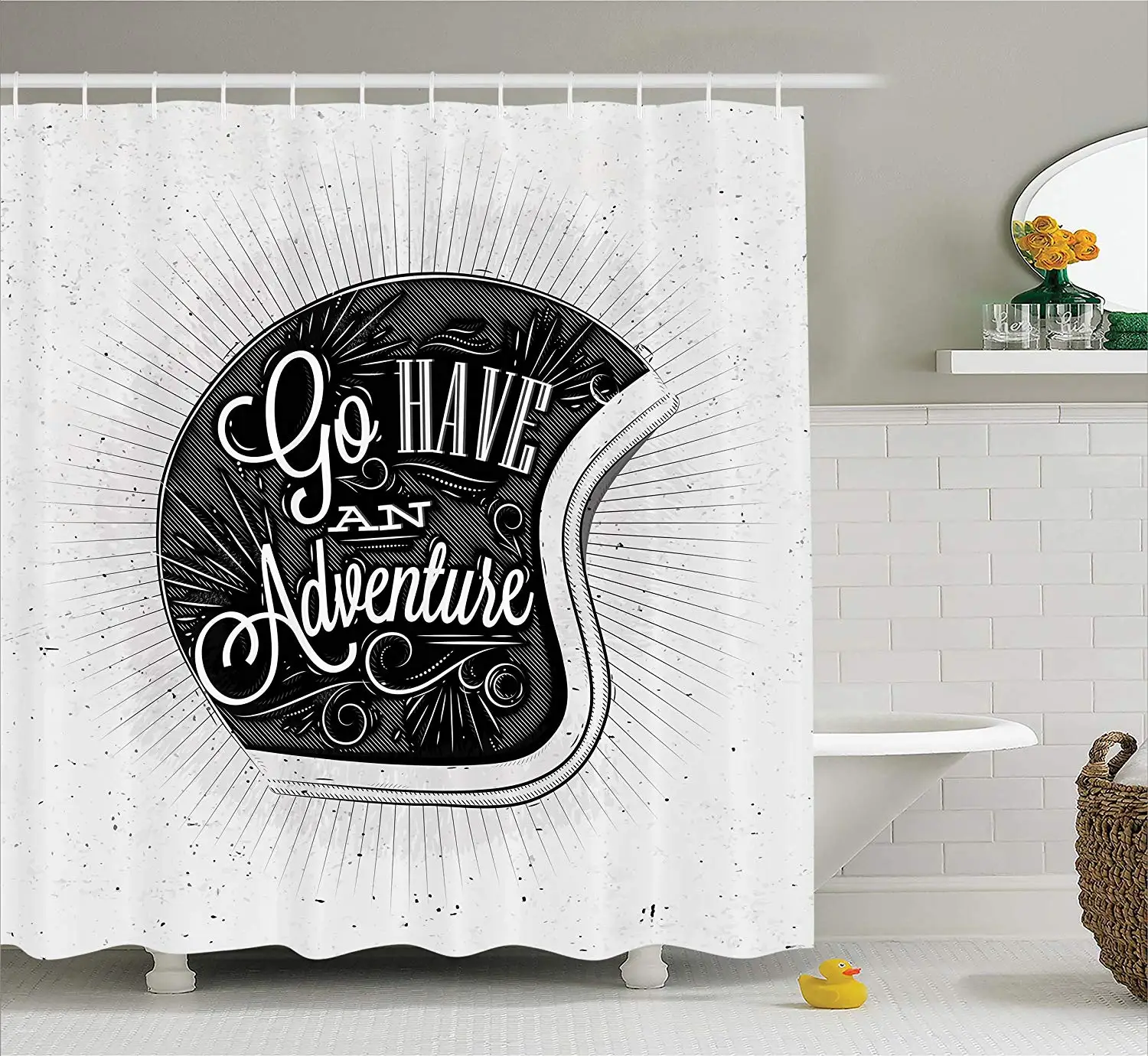 

Vintage Decor Shower Curtain Motorcycle Figure with Adventure Quote and Ornate Lines Contemporary New Graphic Fabric Bathroom