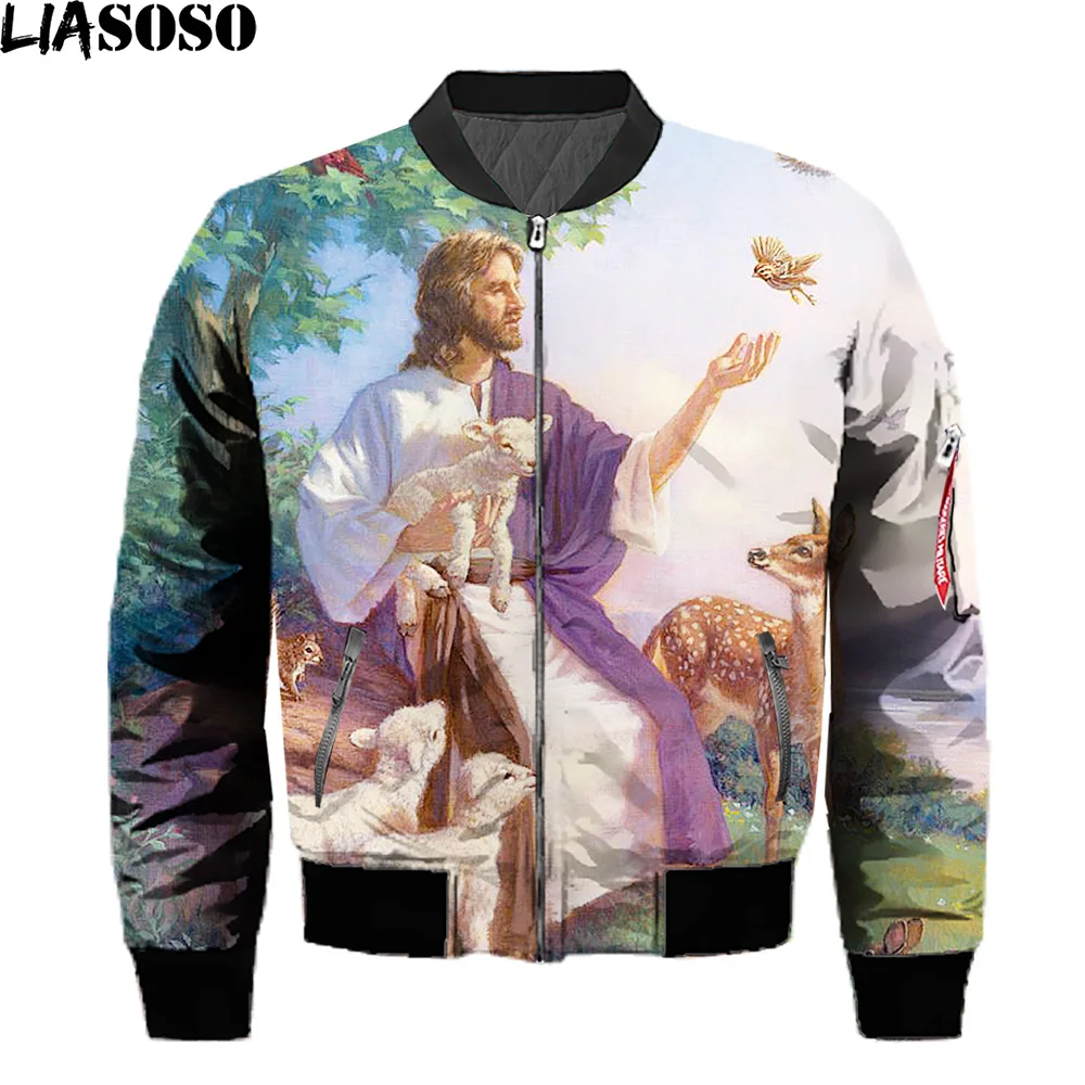 

Jesus Christ 3D Printed Jacket For Men Trendy Winter Bomber Jackets Christians Like Streetwear Coats Plus Size Harajuku Tops