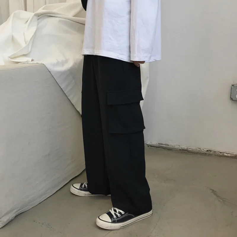 

Summer Simple Men's Loose Straight Cargo Pants Drape Wide-Leg Suit Casual Full Length Trousers Solid Black Grey Streetwear Male
