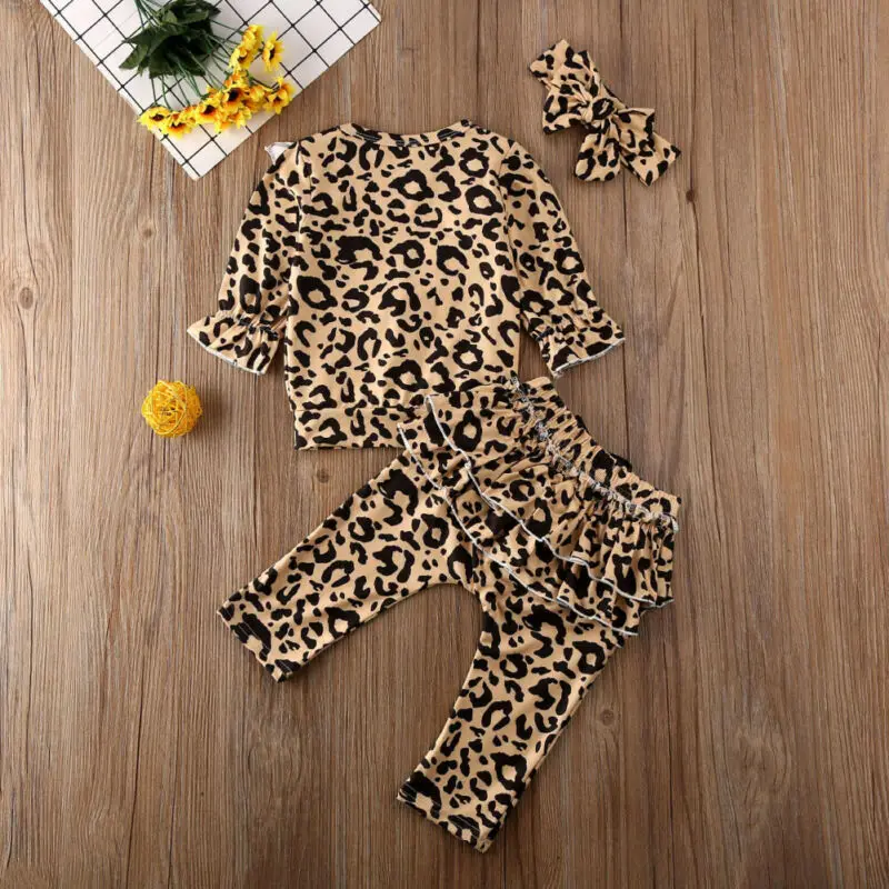 Одежда для маленьких девочек футболка с леопардовым принтом топы штаны оборками