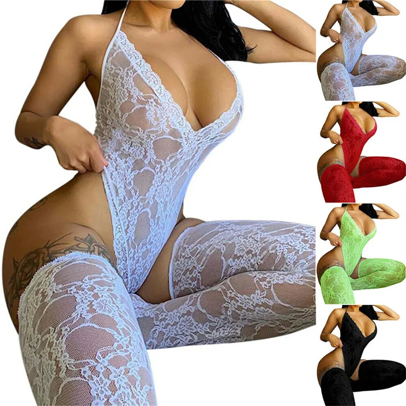 

Women Lace Bodysuit Sleeveless See-through Backless Halter Jumpsuit With Socks