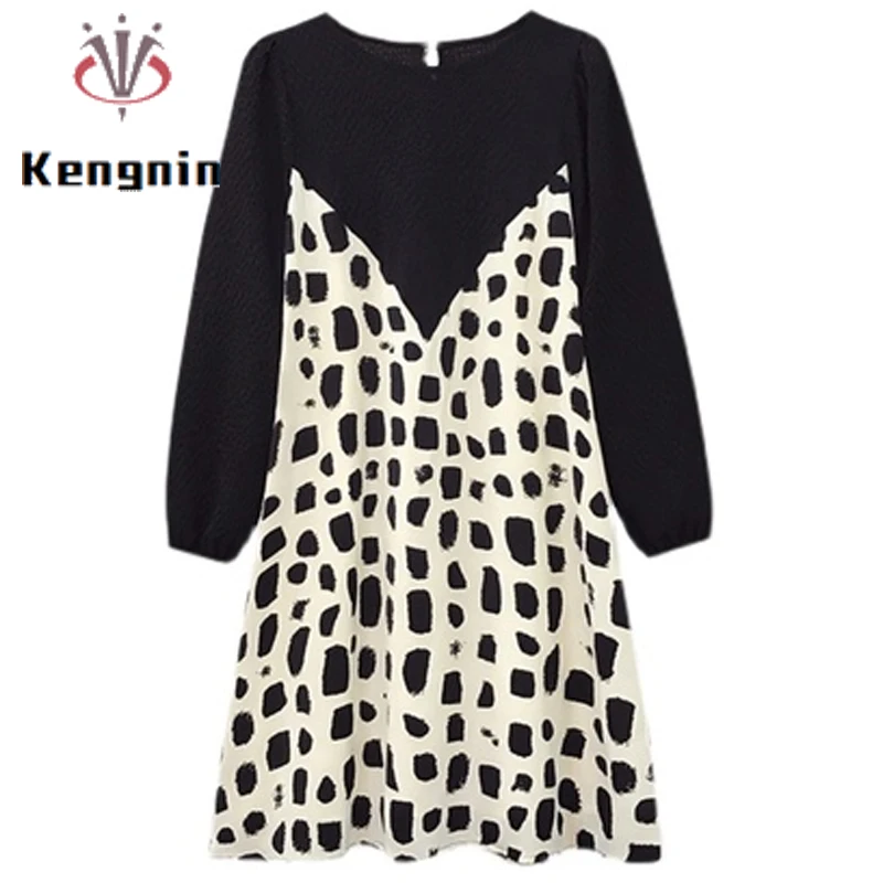 

Fake Two Piece Women's Dresses 2021 Autumn Winter French Style Puff Sleeve Ladies Vestidos Patchwork Print Female Robe KE1848