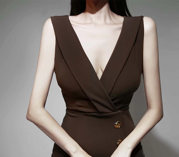 

2020 V-Neck Sleeveless Vest Dress High Waisted Split Single Breasted Bodycon Pencil Midi Brown Sexy Party Female Dress