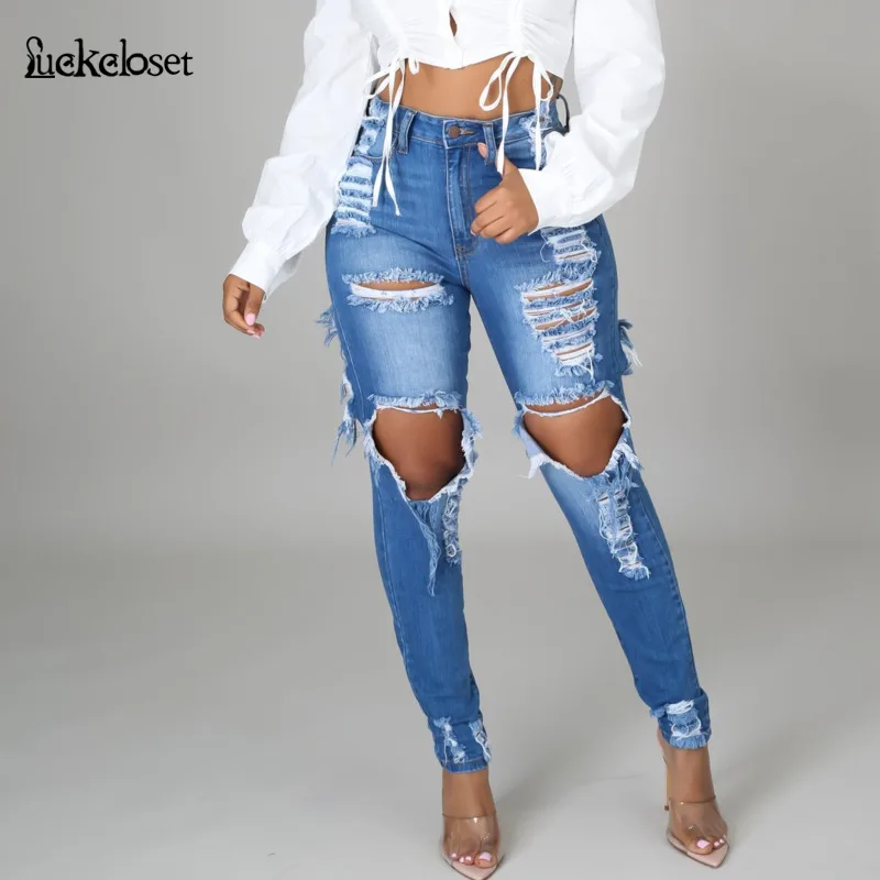 

Fashion Hollow Denim Pants Women Retro Solid Sexy Hole Tassel Jeans Ripped Pencil Trousers Street Skinny High Waist Lady Pants