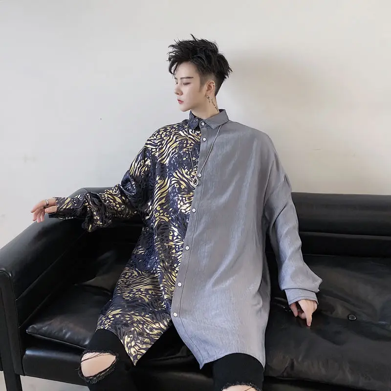 

IEFB Men's Wear Loose Long-sleeved Oversize Mid Length Shirt For Male 2021 Autumn Gilding Pattern Patchwork Design Tops 9Y3743