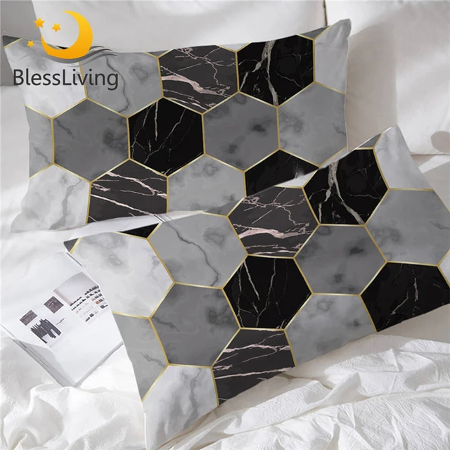 BlessLiving Marble Pillow Case Geometric Rock Texture Pillow Shams Set of 2 Pillowcases for Beds Golden Gray Modern Pillow Cover 1
