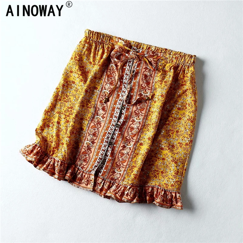 Винтажная шикарная хиппи женская красная пляжная богемная юбка с цветочным