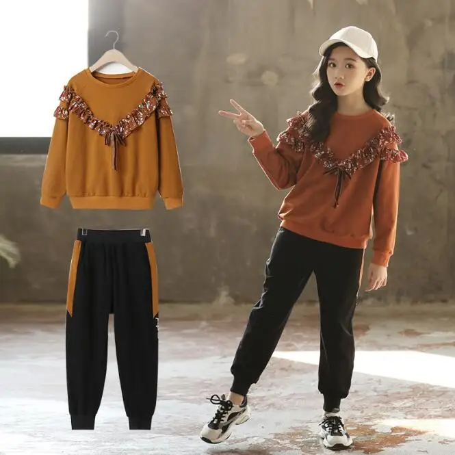 Комплекты осенней одежды для девочек топ с оборками и штаны девочек-подростков