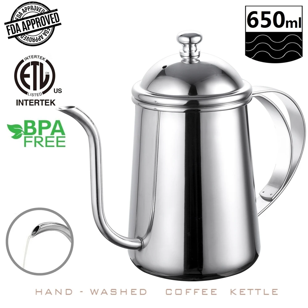 

22oz/650ml Stainless Steel Pour Over Coffee Kettle Gooseneck 6mm Spout Drip Pot Coffee Makers Teapot Cafetiere for Barista