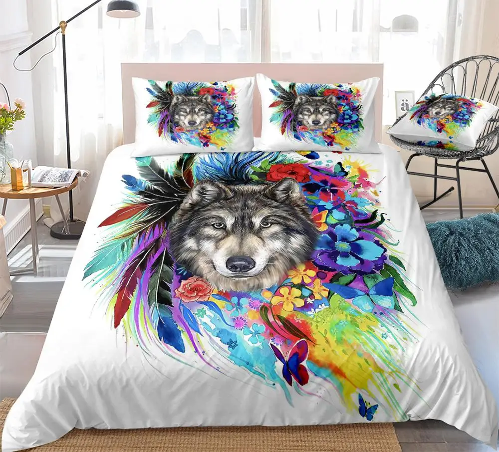 3D Волк Постельный набор цветочный пододеяльник животных Бохо волк Радуга