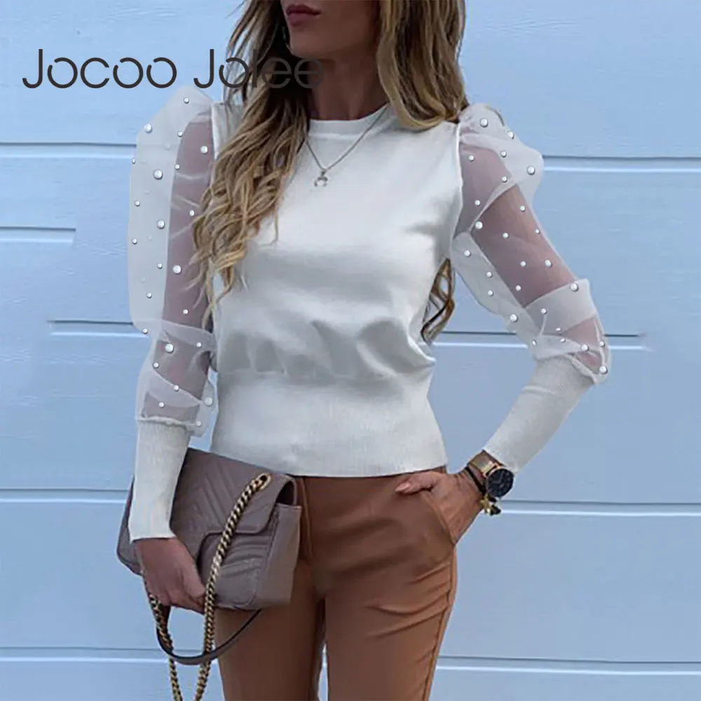Женская блузка с бусинами Jocoo Jolee Весенняя сетчатая длинным рукавом однотонная