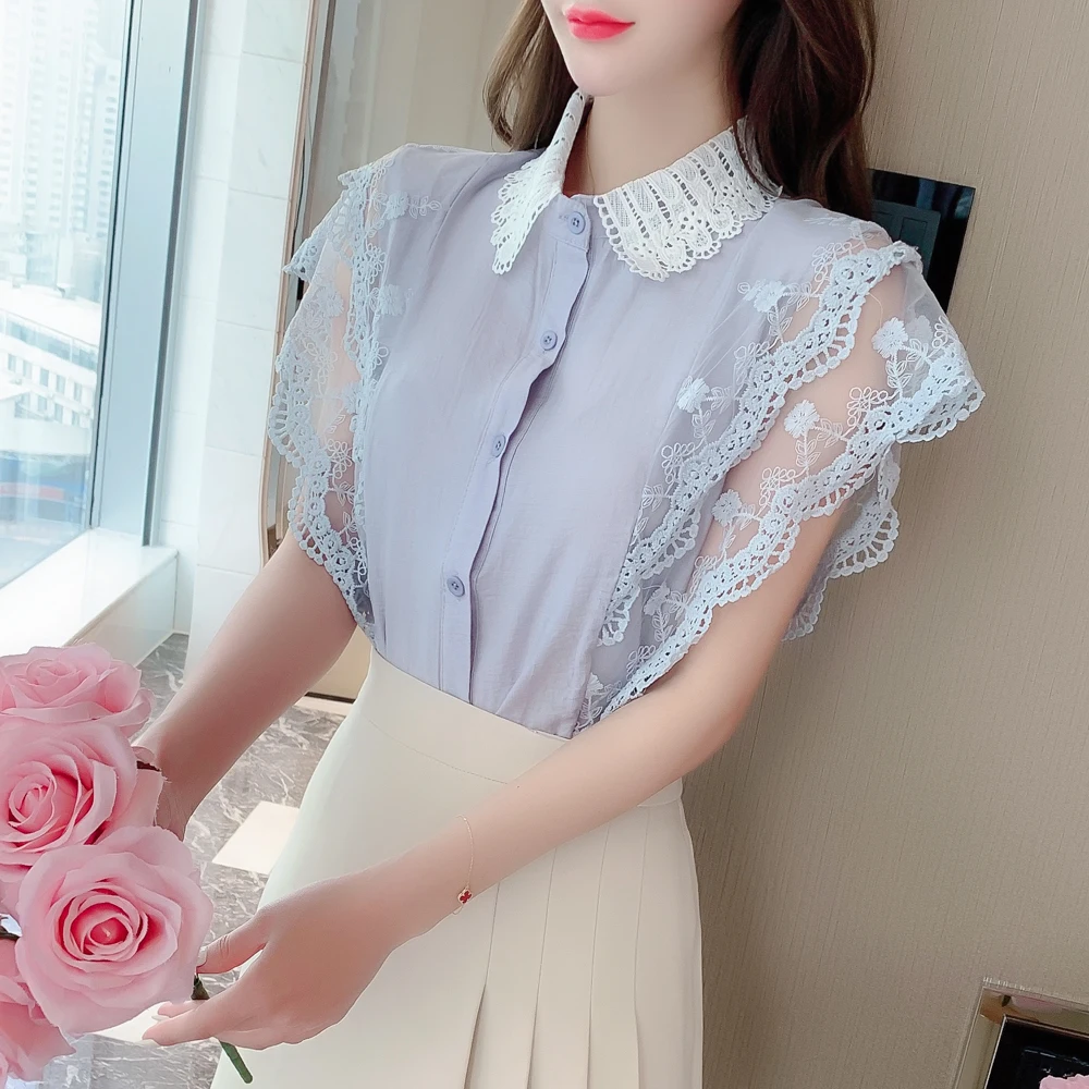

COIGARSAM Fashion Short Sleeve Shirt Womens tops New Summer Chiffon Peter pan Collar Women shirts Blue Apricot 6162