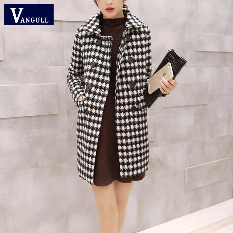 

Женское шерстяное пальто в клетку Vangull, зимняя теплая плотная куртка, однобортная Длинная шерстяная верхняя одежда, Женская куртка с отложн...