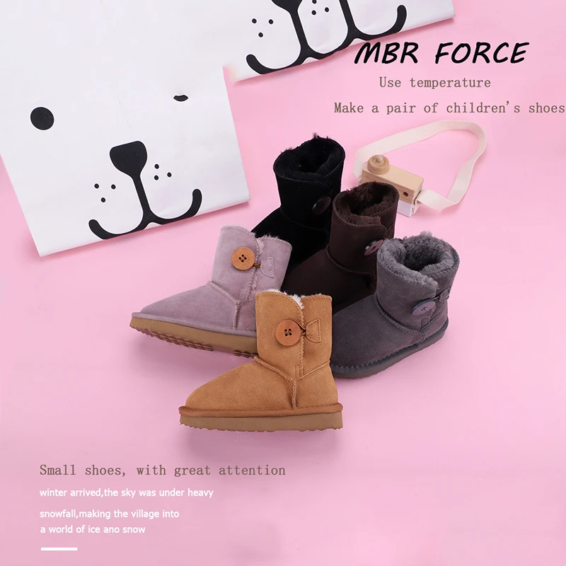 MBR FORCE real leather short ankle suede snow boots Children fur lined winter shoes Boys Girls wooden buckle with |