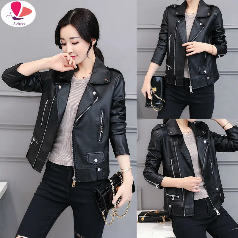 

Spring Autumn Women PU Short Jackets Motorcycle Leather Jacket Solid Casual Coat Streetwear