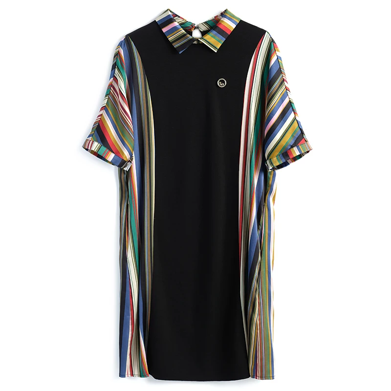

Fairycore T-Shirt Dresses For Women Patchwork Rainbow Stripes Loose Straight Lapel Casual Short Sleeve Summer Fashion Polo Dress