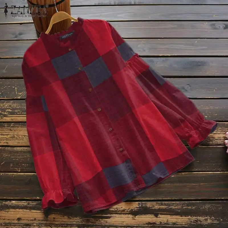 

2022 Checked Printed Chemise Fashion Long Puff Sleeve Blouse Women Casual Grid Print Shirt ZANZEA Vintage Ruffle Plaid Retro Top