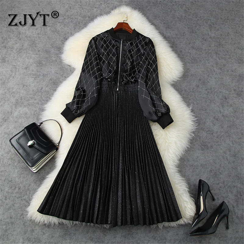Женские модельные платья Осень зима 2020 модные Плиссированные Черные вечерние с