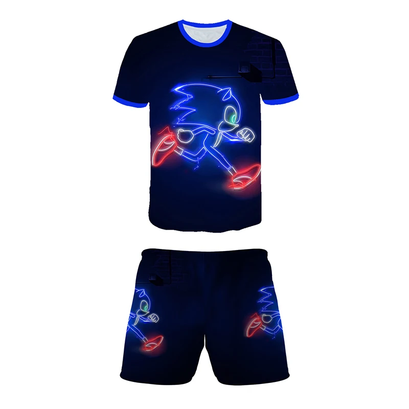 

2021 New Sonic T-shirt Japanese Anime Cartoon Fun Short Sleeve Shorts Set Boys Girls Street Fashion Children's Set Asian Code