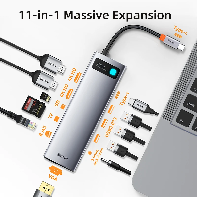 

Baseus USB C HUB to HDMI-compatible VGA USB 3.0 Adapter 9/11 in 1 USB Type C HUB Dock for MacBook Pro Air PD RJ45 SD Card Reader