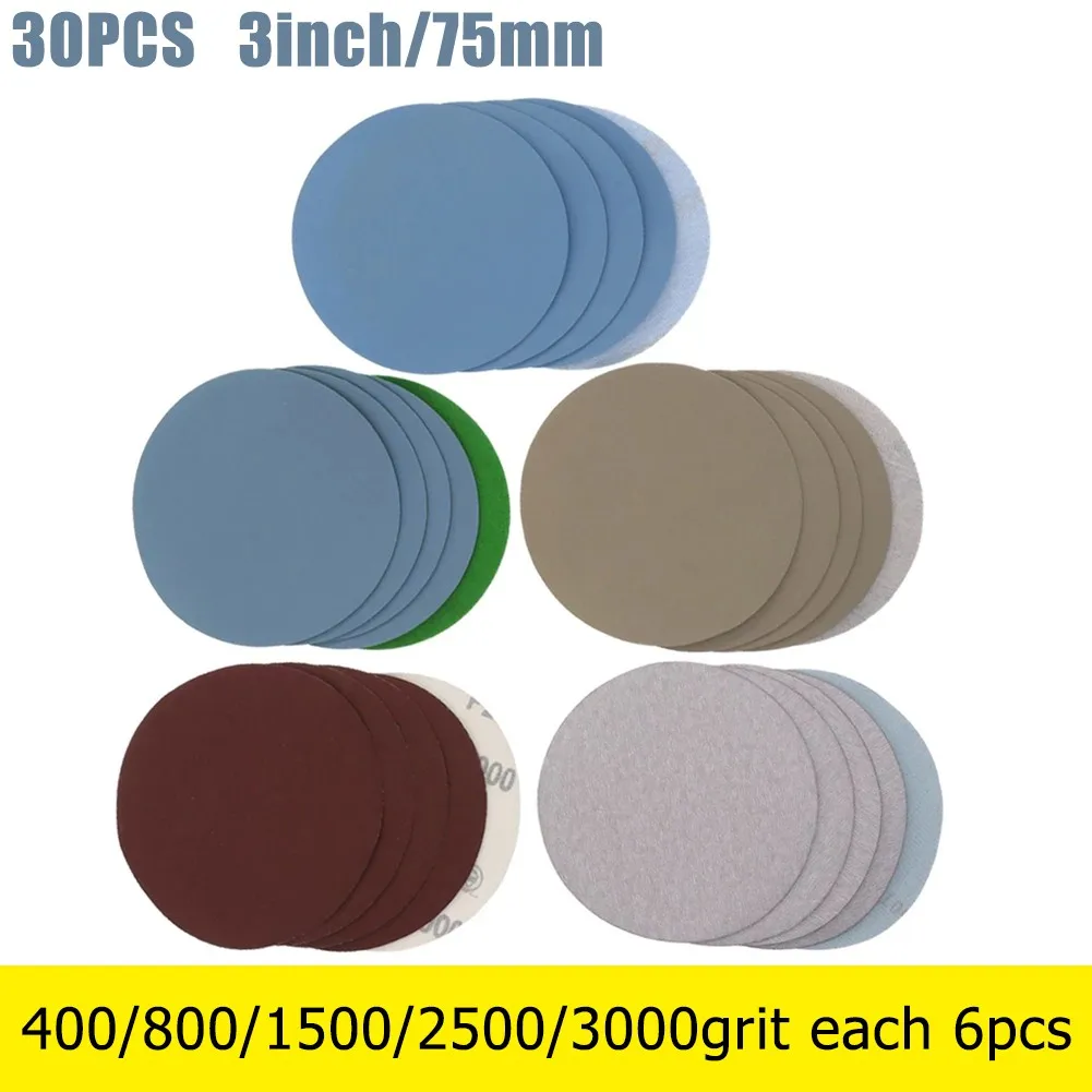 

30pcs 3Inch Hook Loop Wet Dry Round Sanding Discs Abrasive Pads 400 To 3000 Grit For Sanding Polishing