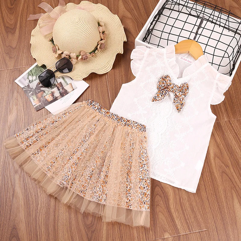 

Cute Girls Clothes Sets 2021 Summer Bow Flying Sleeve Shirt Retro Floral Net Yarn Short Skirt 2Pcs Suit Outfits Children Costume