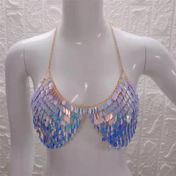 FestivalQueen, Boho, сексуальные, ручная работа, грудь, накидка, топ, модные, Преувеличенные, рыбья чешуя, с блестками, вечерние, Клубные, кроп-топы - Цвет: qian lan