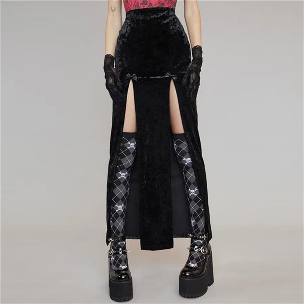 

Punk Gothic Kawaii Women Long Skirt Harajuku Sexy Solid Color Front High Slit Bowknot Decorated High Waist Slim Fit Party Skirt