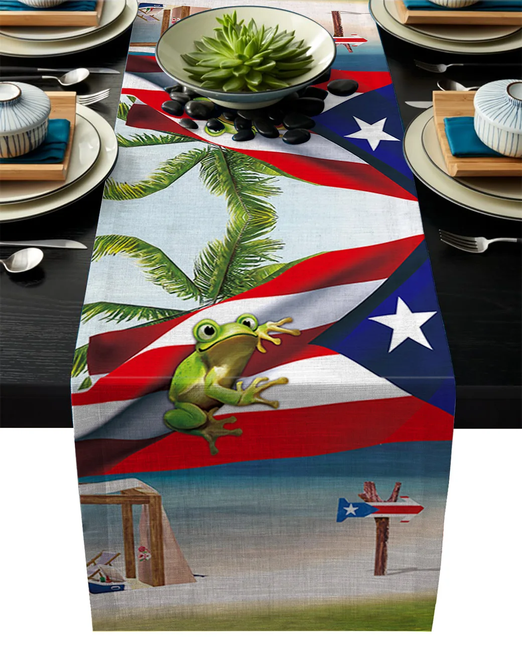 Пальмовое дерево Пуэрто-Рико Флаг лягушка пляж красный настольный бегун