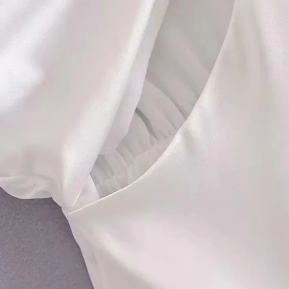 

BBWM Elegant Women White Satin V Neck Short Dress 2021 Summer Fashion Female Hollow Out Dresses Ladies High Waist Mini Dress