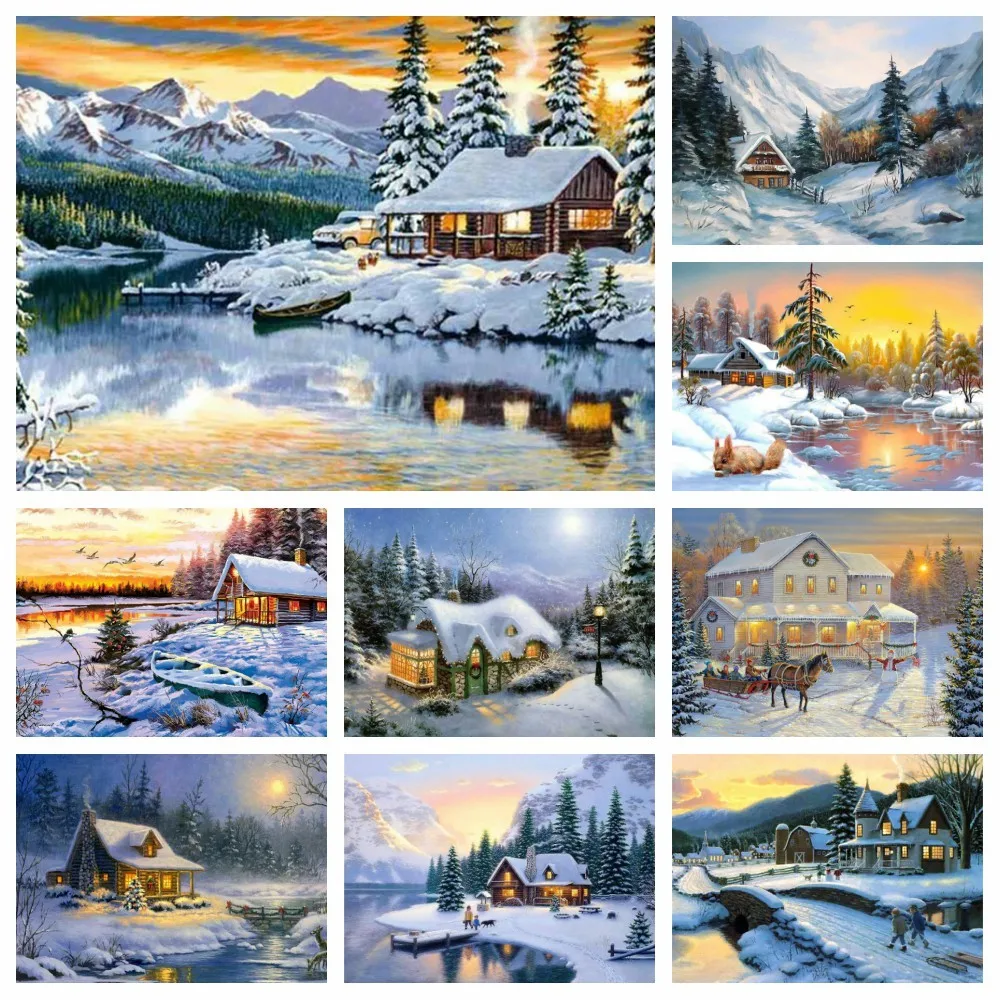 

Алмазная живопись MomoArt "сделай сам", зимняя Алмазная вышивка 5D, Квадратный Дом, мозаичная картина из стразов закат, домашний декор