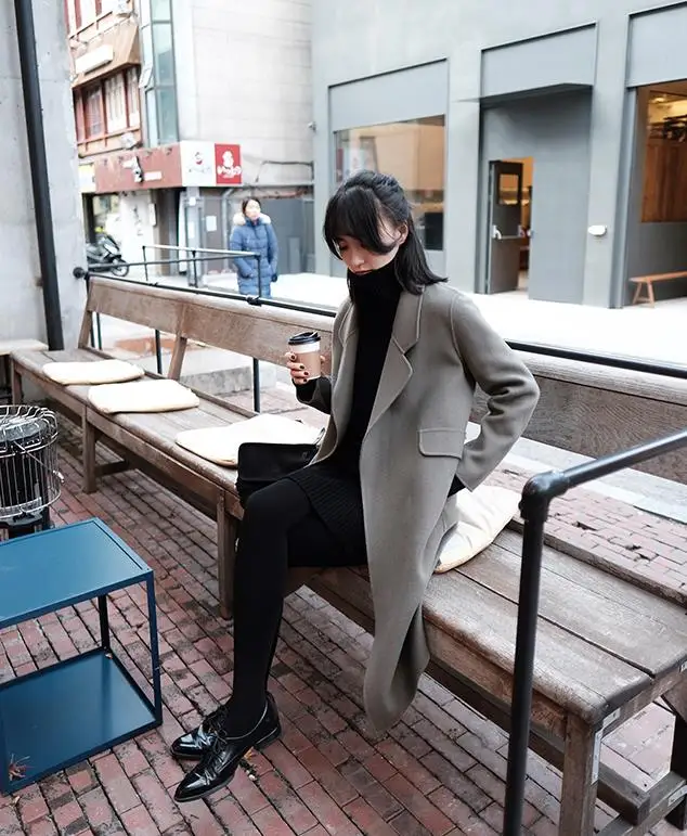 

Women Woolen Coat Elegant Turn Down Collar Open Stitch Design Warm Spring Fashion Windbreaker Casaco Feminino