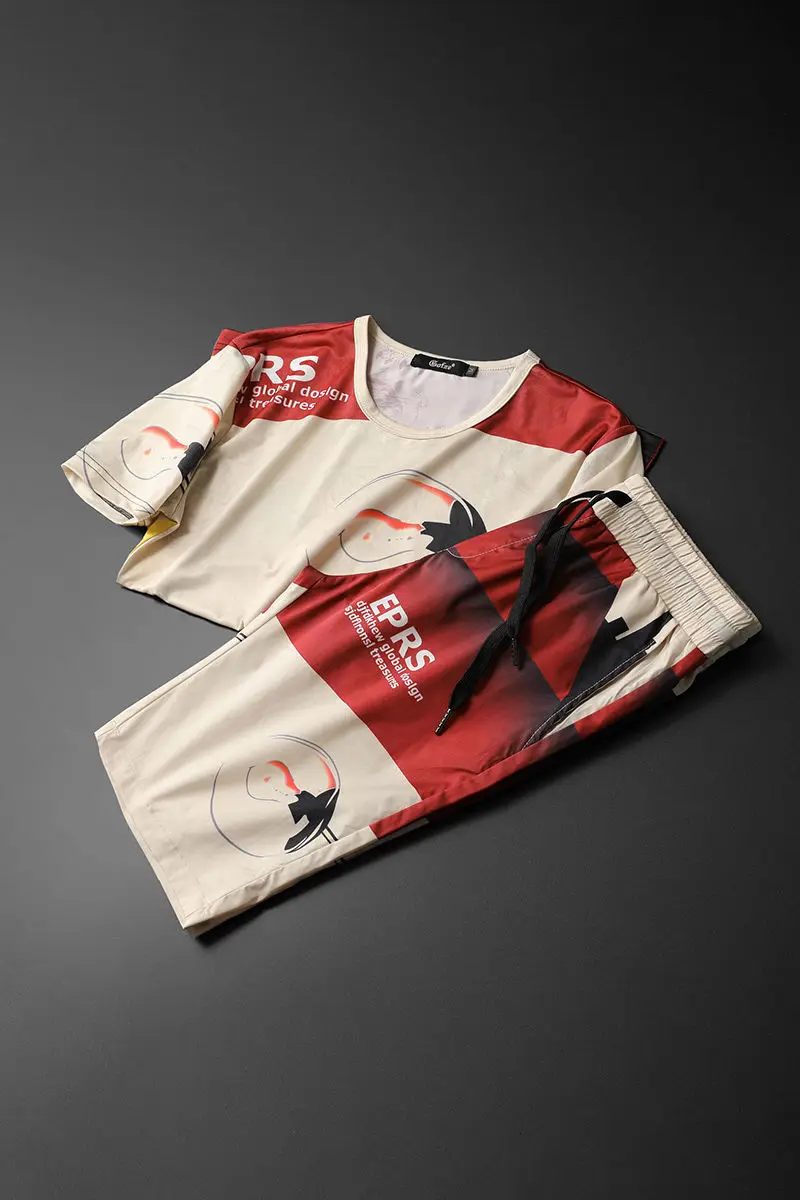 

Summer T-shirt + Short-sleeved Personality Print 2 Piece Slim Fit Outfits Set T Shirt High Quality Tracksuit Men