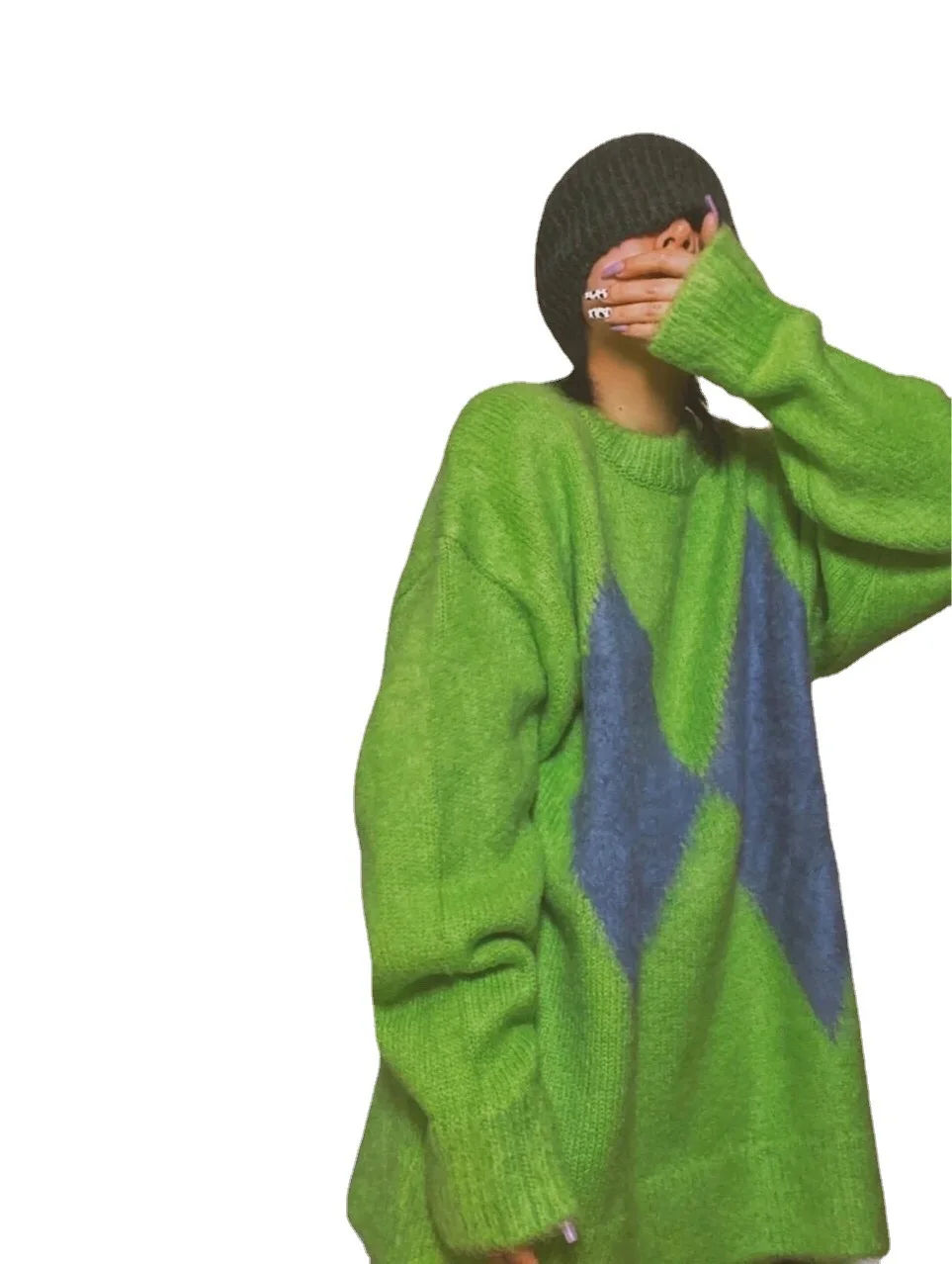 

Knitted Autumn and Winter 20AW New Green Mohair Color Matching Diamond Pattern Wool Sweater Women Jumper Jersey Oversized