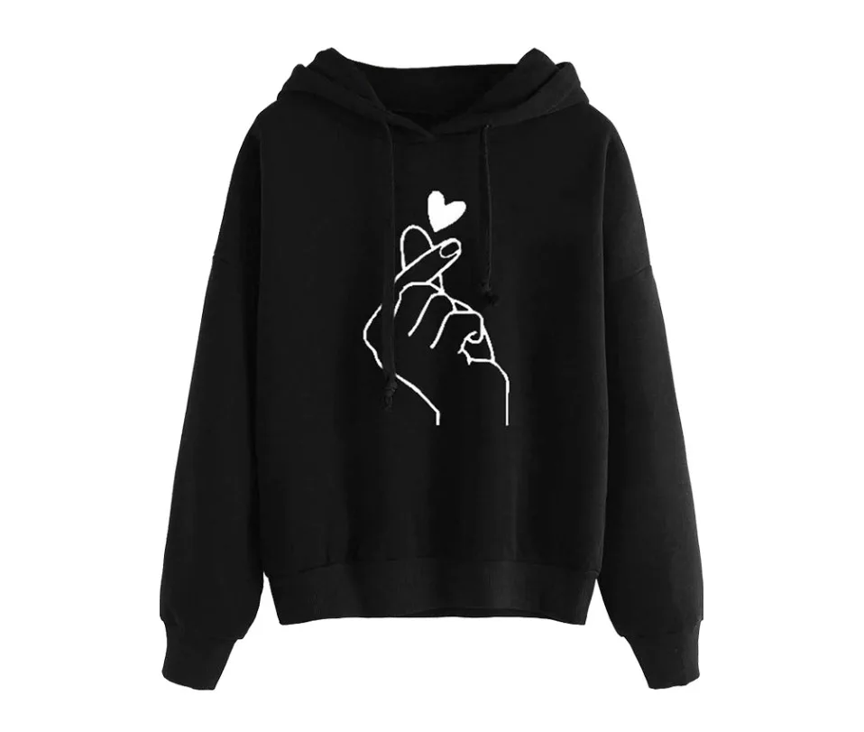 Женские толстовки повседневные Kpop Finger Heart Love с рисунком толстовки с капюшоном с длинным рукавом Перемычка Hoody пуловер топы размера плюс